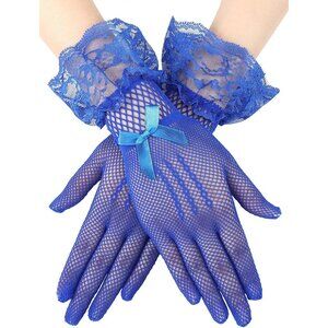 Women's Elegant Royal Blue Short Bow Style Lace Gloves Dinner Wedding Party Prom